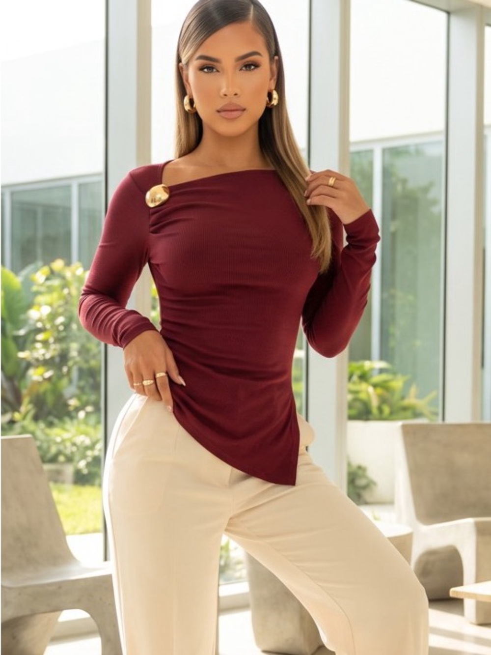 Asymmetric One-Shoulder Long Sleeve Top - Burgundy T-37552-3CLR